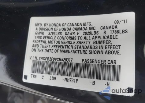 2012 Honda Civic Ex-L z USA, uszkodzony, nr VIN 2HGFB2F99CH520317